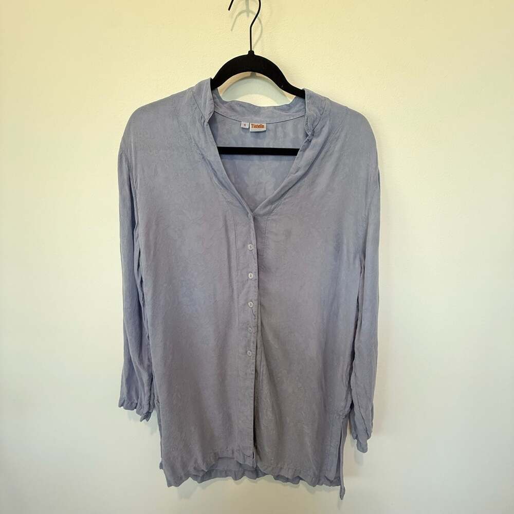 Tianello Garment Dyed 100% Rayon Floral Jacquard Button Down Tunic Shirt Size S